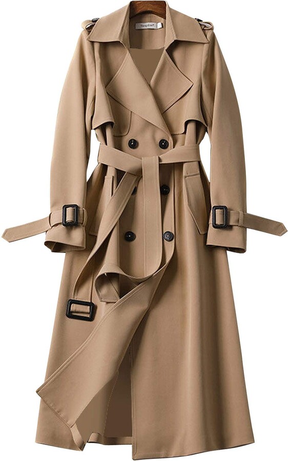 FNKDOR Women's Stylish Trench Coats Classy Trendy Belt Waistband Plus Size  Long Sleeve Jacket for Autumn Winter Fashion Double-Breasted Buckles Lapel  Collar Solid Color Windproof Overcoat - ShopStyle
