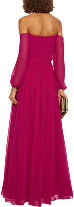 Badgley Mischka Off-the-shoulder Belted Chiffon Gown