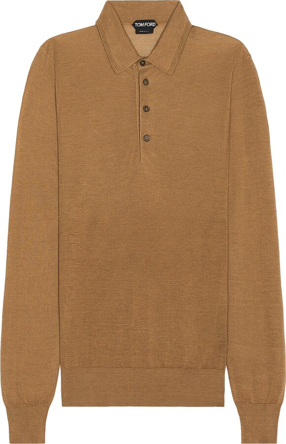 Tom Ford Piquet Long Sleeve Polo In Camel in Brown