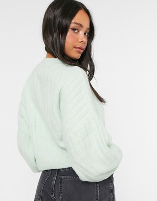 Bershka wide ribbed volume sleeve sweater in mint green