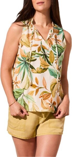 Women's Tribal Frill Neck Linen Sleeveless Blouse XSmall Aloe
