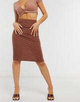 Thumbnail for your product : ASOS DESIGN Petite midi pencil skirt in rib in chocolate