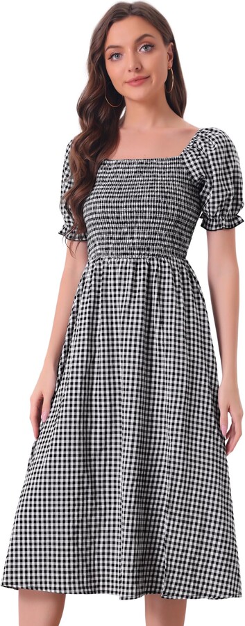 Allegra K Smocked Dress for Women's Puff Sleeve Casual Checks