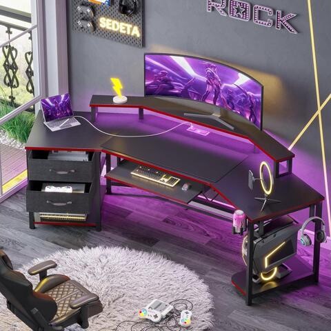 RUOCLRIS SEDETA 79' Gaming Desk, Computer Desk with 2 Fabric Drawers & LED Light, L Shaped Gaming Desk with Storage Shelf for Home Office, Carbon Fiber...
