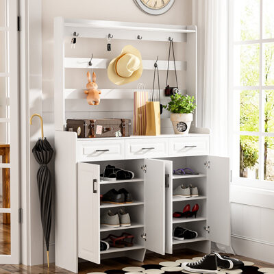 Minimalist Shoe Cabinet With Coat Rack & 8 Shelves - 3 Drawers, Metal Hooks, , For Hallway, Entryway, Living Room 51.2'' And Function Shelves, Handles