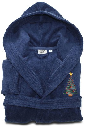 Linum Home Textiles Kids Hooded Terry Embroidered Christmas Tree Bathrobe