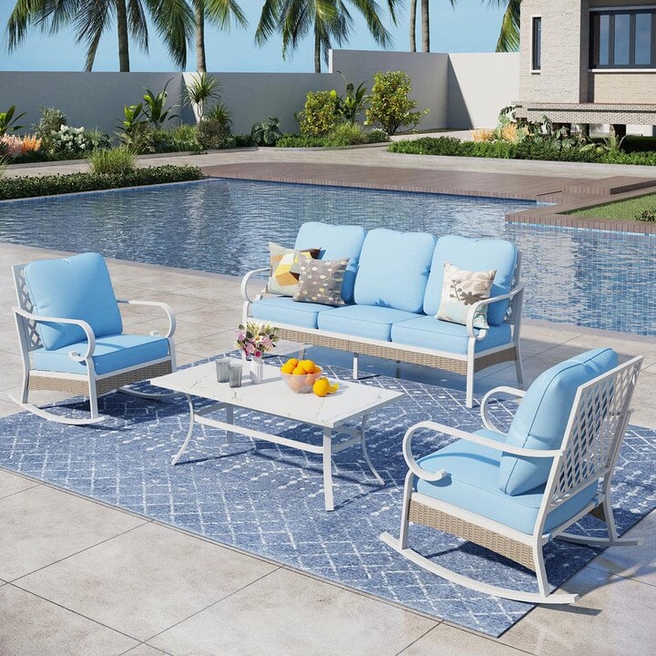 Metal 4-Piece Steel Outdoor Patio Conversation Set With Rocking Chairs, Blue Cushions and Table With Marble Pattern Top
