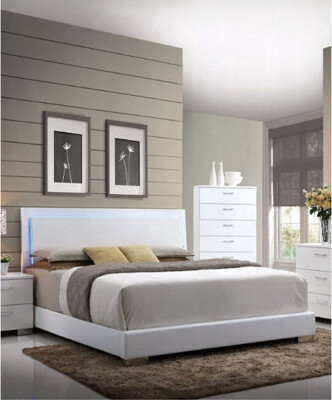 Ivy Bronx Lorimar White Synthetic Leather & White Leg Queen Bed W/Led