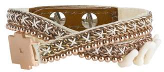 Fiona Paxton Hand Beaded Double Wrap Cuff, Brass Chain and Beads with Laser Cut Metal Shape on Leather of 42cm