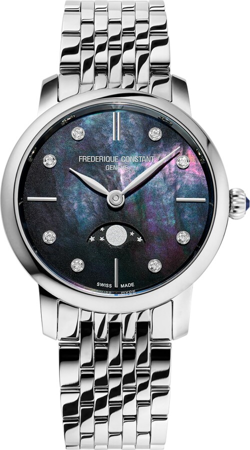 Frederique Constant Ladies Classic Swiss Made Slimline Moonphase Diamond Accent Stainless Steel Watch