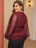Thumbnail for your product : Shein Plus Sheer Sleeve Buttoned Shirred Lace Peplum Top