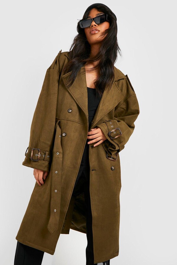 black faux suede trench coat
