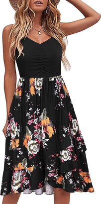 NEARTIME Womens Sleeveless Dress Summer Print V-Neck Floral Beach Dress Slim Knee-Length A-Line Ruffle Swing Dress 