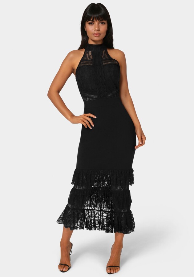 Bebe Women's Halter Tiered Lace Midi Dress