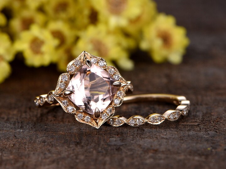 Etsy 2.3Ct Natural Morganite Engagement Ring Set 14K Yellow Gold Jewelry Bridal Ring Vs Anniversary Promise