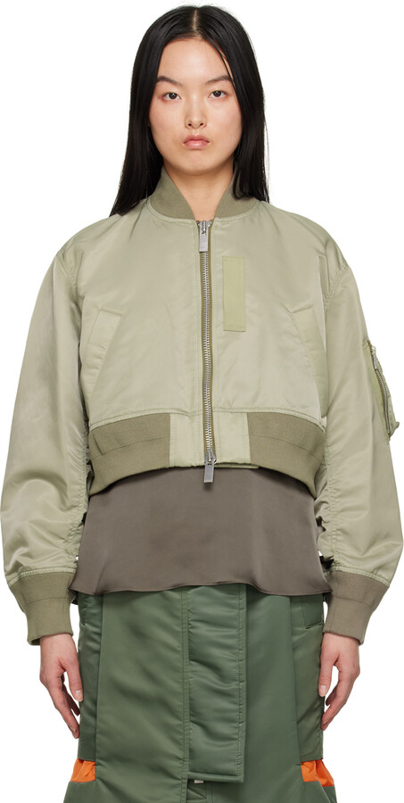 Sacai Khaki Cropped Bomber Jacket - ShopStyle