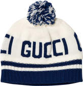 Thumbnail for your product : Gucci White and Navy Branded Pom Pom Beanie