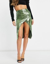 Thumbnail for your product : I SAW IT FIRST foil wrap front midi skirt in green