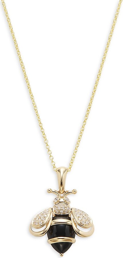 14K Yellow Gold 0.17 TCW Diamond & 1.50 TCW Onyx Bee Pendant Necklace
