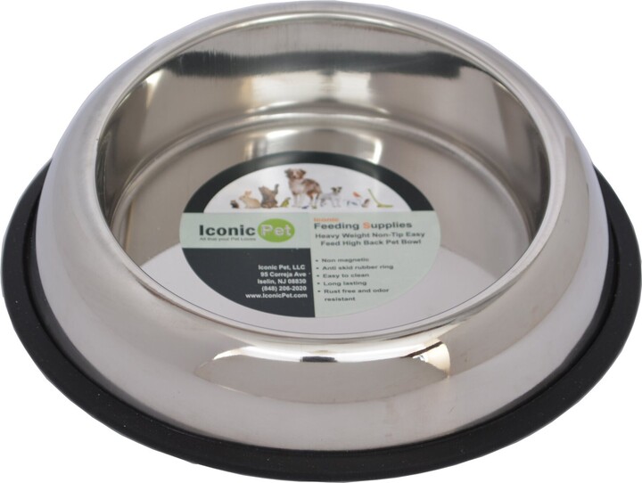 Iconic Pet Heavy Weight Non-Skid Easy Feed High Back Stainless Steel Dog & Cat Bowl, 64-oz