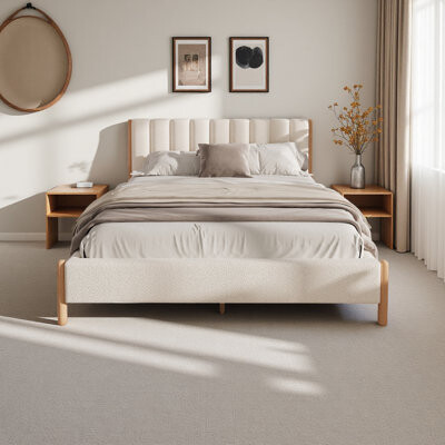 Latitude Run Queen Size Bed Frame With Boucle Upholstered Thick Headboard, Solid Wooden Legs