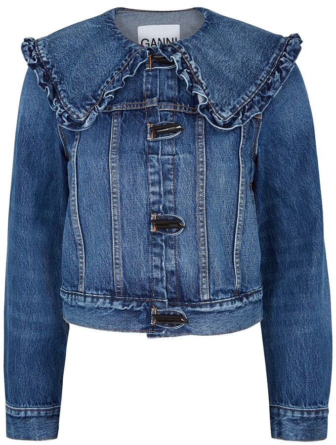 jean jacket with ruffle shoulders