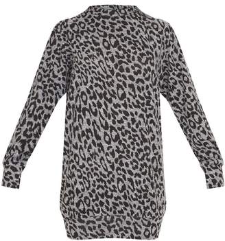 PrettyLittleThing Grey Knitted Leopard Print Jumper Dress