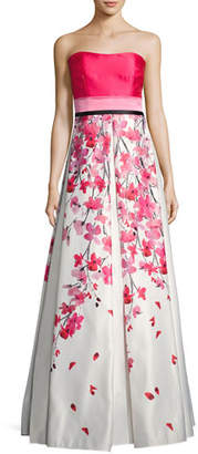 David Meister Strapless Solid & Floral Satin Gown, Pink/White