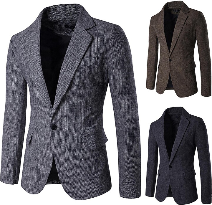 LUCKME Mens Herringbone Blazer Plain Tweed Blazer Jacket Regular Fit ...