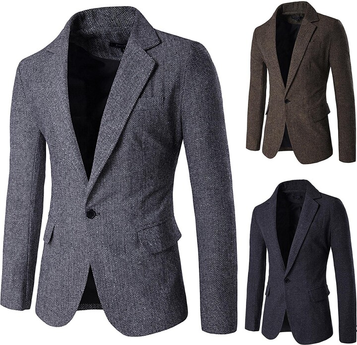 LUCKME Mens Herringbone Blazer Plain Tweed Blazer Jacket Regular Fit