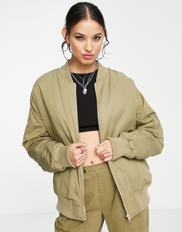 Topshop oversized bomber jacket in khaki - ShopStyle