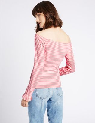 Marks and Spencer Cotton Blend Striped Long Sleeve Bardot Top