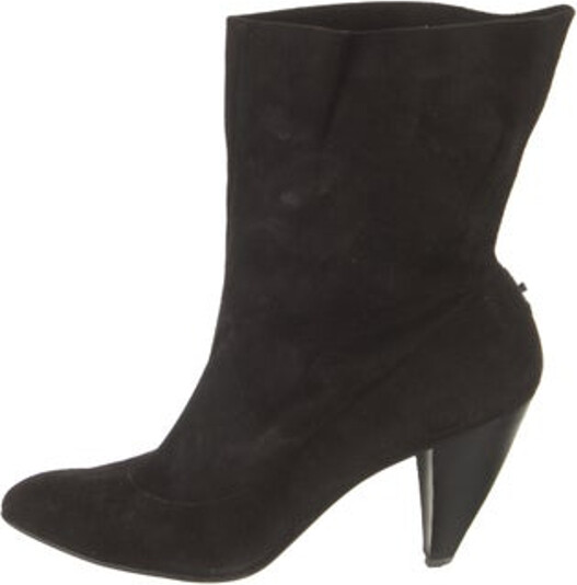 Walter Steiger Suede Mid-Calf Boots Black Semi-Pointed Toes Includes Box