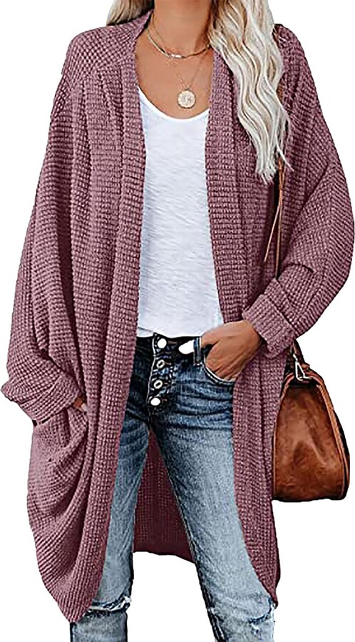 YULOONG Womens Long-Sleeved Cardigan Loose Bohemian Casual Style Fashion  Pocket Autumn Winter Sweater Coat Light Red M - ShopStyle