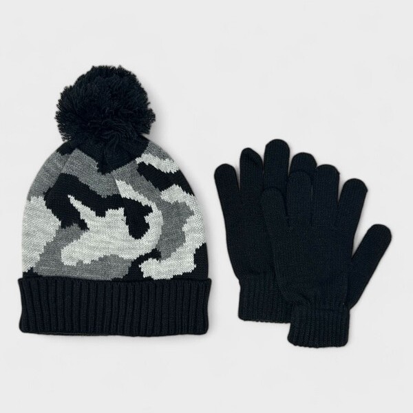Charles Albert CharlesAlbertBoy’sWinterHat&GloveSet-CamouflageKnitBeaniewithPomPomandMatchingWarmGloves-Black&Gray
