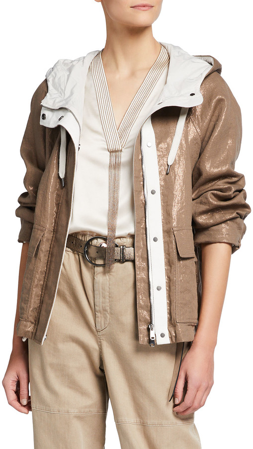 Brunello Cucinelli Plated Linen Hooded Jacket w/ Monili Trim ShopStyle