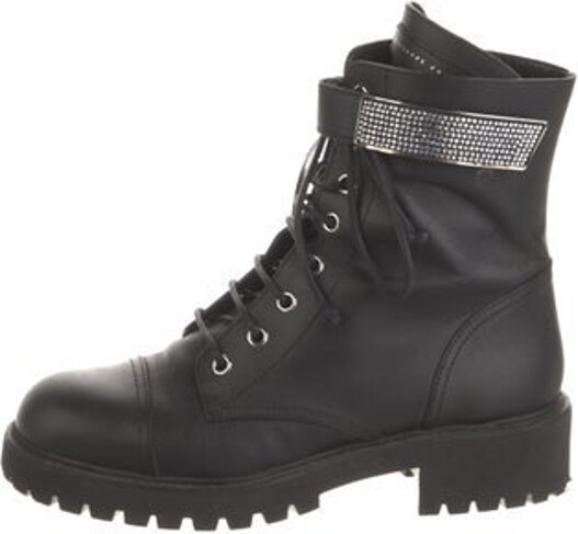 Giuseppe Zanotti Leather Ankle Combat Boots Black Round-Toes with Crystal Embellishments Platform Lace-Up Closure at Uppers & Concealed Zip Closure at Sides Wrap-Around Straps Includes Box & Dust Bag