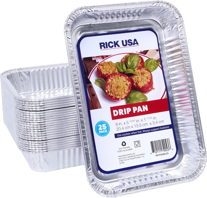RICK USA: 8x5" Drip Pan - 25 Pack - Disposable Aluminum Foil, Multi-Purpose Baking & Cooking, Durable, Grill-Oven-Freezer-Dishwasher Safe, Recyclable