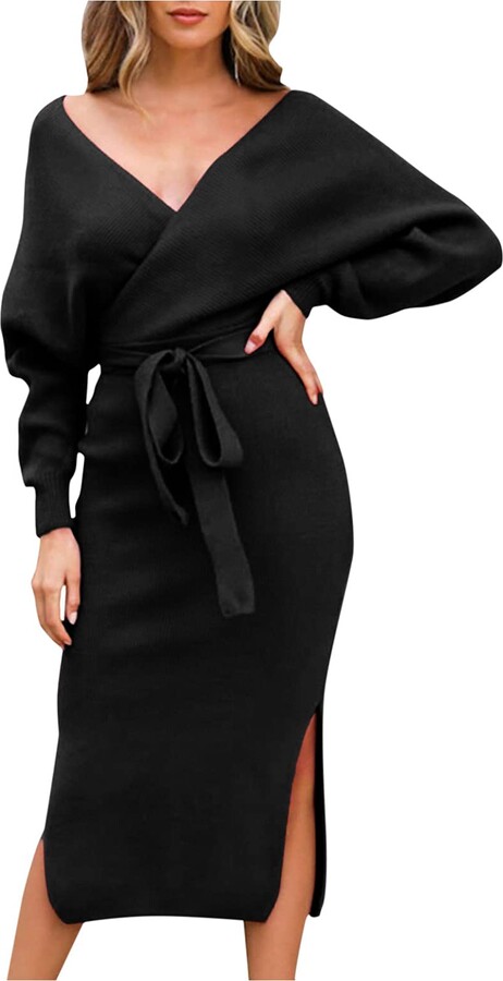 Generic Comfortable Dress Women's V-Neck Sweater Wrapped Skirt Bat Sleeve  Sexy Backless Split Long Knitted Dress with Belt Womens Close Toe Slingback  Dress Pumps (Black - ShopStyle