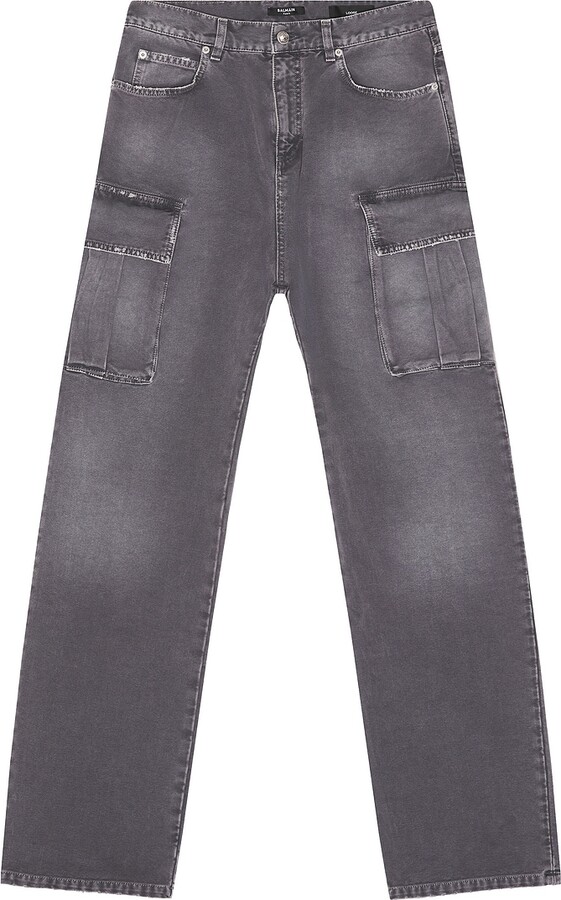 Balmain Loose Cargo Denim Jeans in Grey