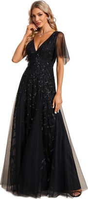 Ever-Pretty Women's V Neck A Line Empire Waist Embroidery Sequin Tulle Wedding Guest Dresses Navy Blue 14UK