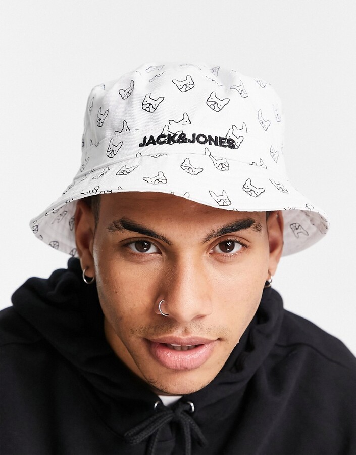 Jack and Jones bucket hat with bulldog print in white - ShopStyle
