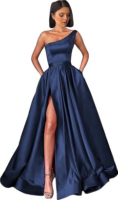 Women's Long Prom Dresses with Pockets One Shoulder High Split Ruched Satin  Evening Formal Party Dress Ball Gown : : Clothing, Shoes 