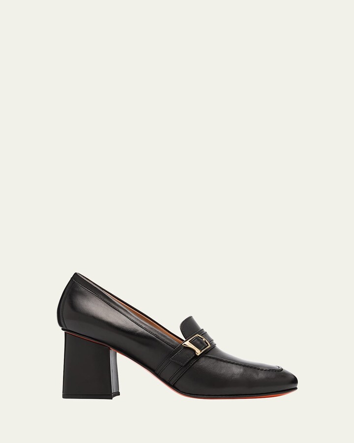 Santoni Claudette Leather Buckle Heeled Loafers