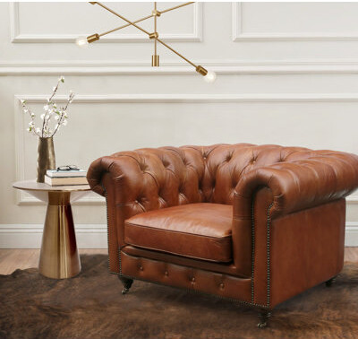 Pasargad 47.2" Wide Tufted Top Grain Leather Chesterfield Chair