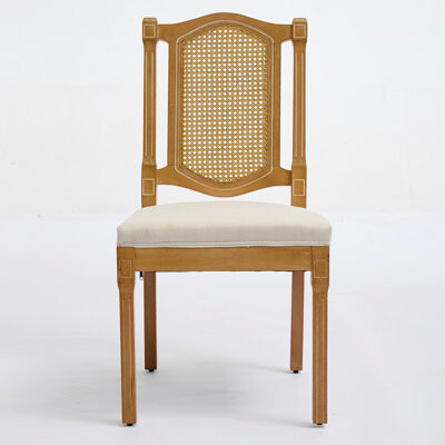 Ophelia & Co. Full Solid Wood Rattan-Back Dining Chair, Matte Linen Cushion With High-Resilience Foam & S-Springs, Perfect For Rustic/Natural Style Dining Room, Caf
