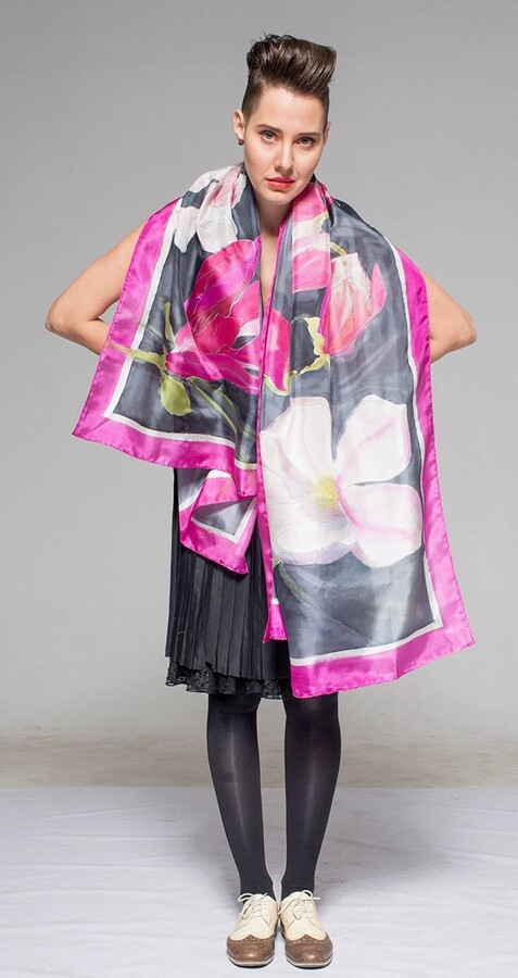 Etsy Hand Painted Magnolia Silk Scarf Fuchsia Floral Bridal Shawl