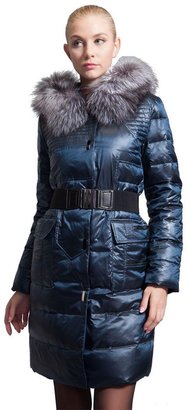 Basic Editions Women's Winter Long Slim Quilted Down Parka with Fox Fur Hood Jacket