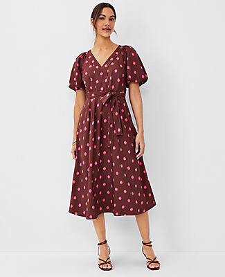 Ann Taylor Dotted Puff Sleeve Belted Flare Dress