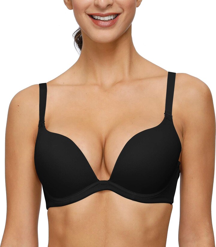 YBCG Women Push up Plunge Bra Comfort Padded T-Shirt Bra Add One Cup  Convertible Straps - black - 44A